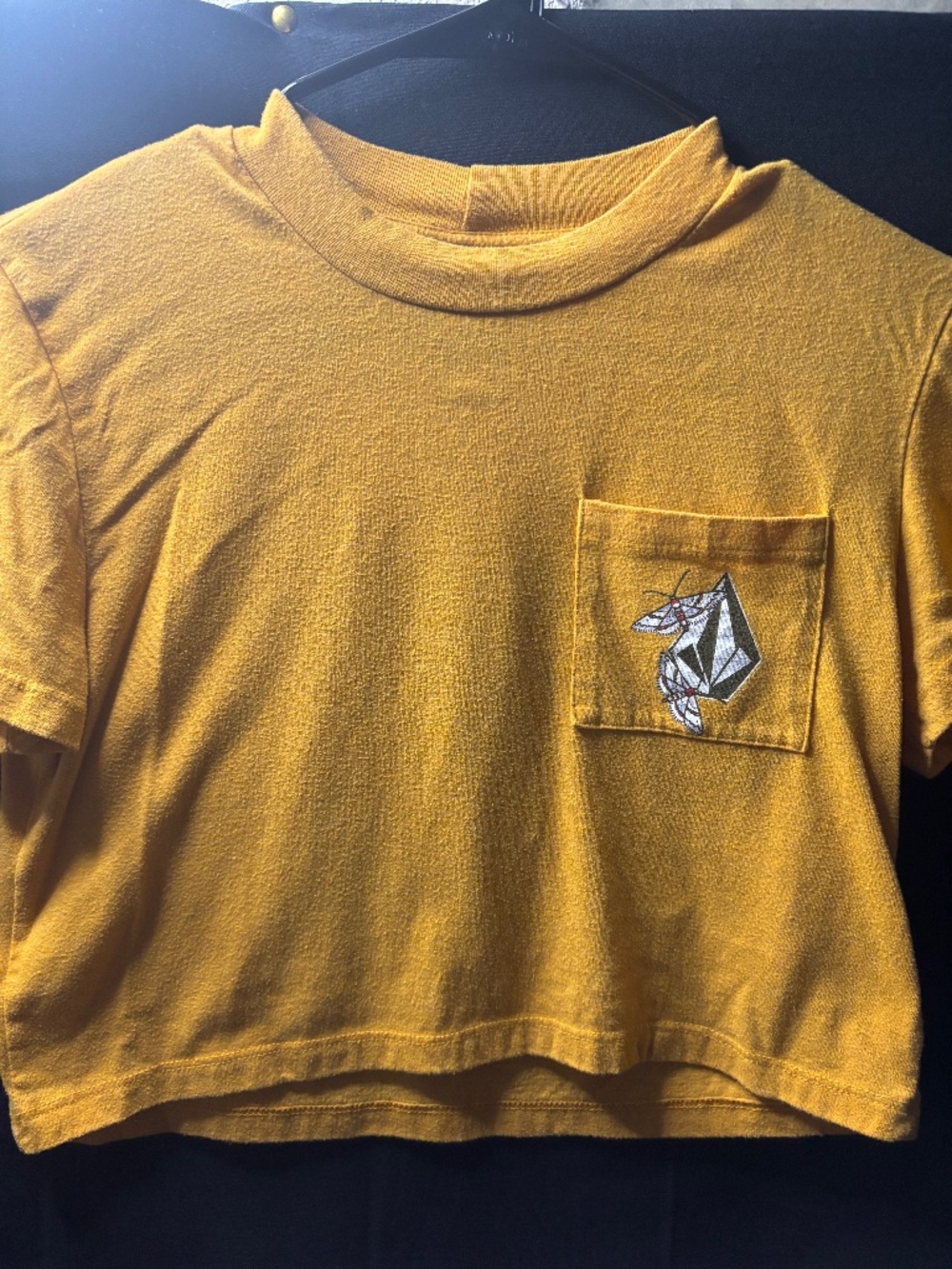 Volcom Womens XS Mustard Yellow Cropped Moth Graphic Pocket Short Sleeve T Shirt